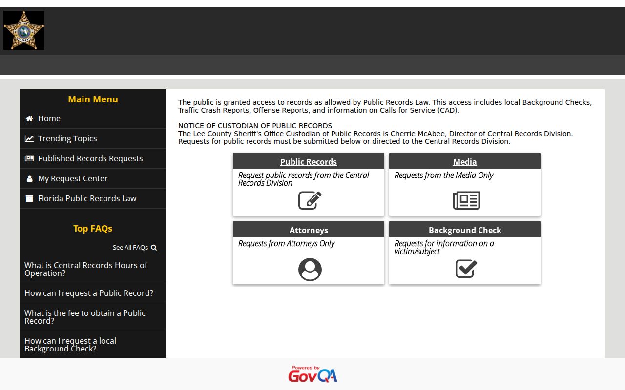 Lee County arrest records GovQA request center